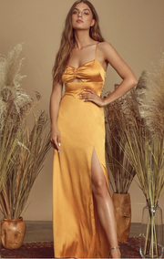 Lulus Renata Golden Yellow Print Satin Maxi Dress, Size Medium