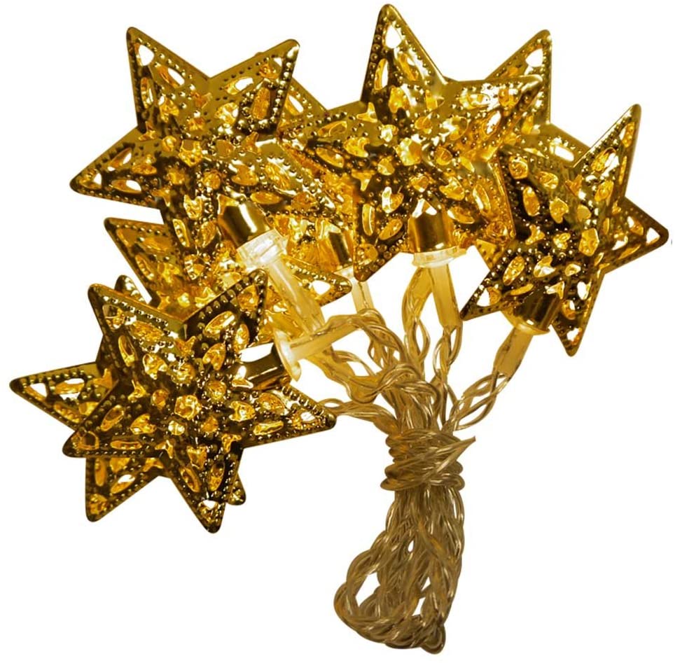 Signature Battery Operated Star Metal Cap LED Light String, Gold