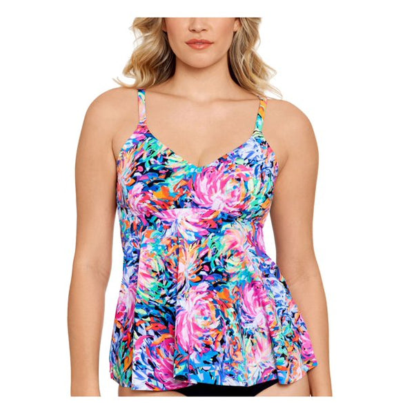 Swim Solutions Printed Lined Stretch Deep V Neck Adjustable Tankini