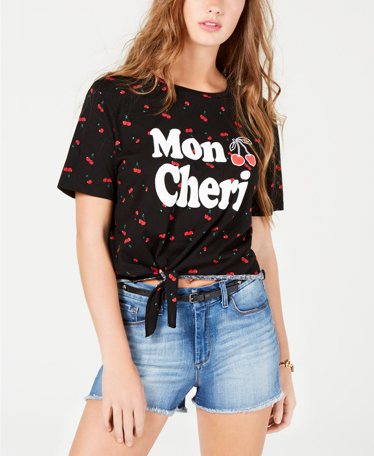 Rebellious One Juniors Mon Cheri Tie-Front Graphic T-Shirt