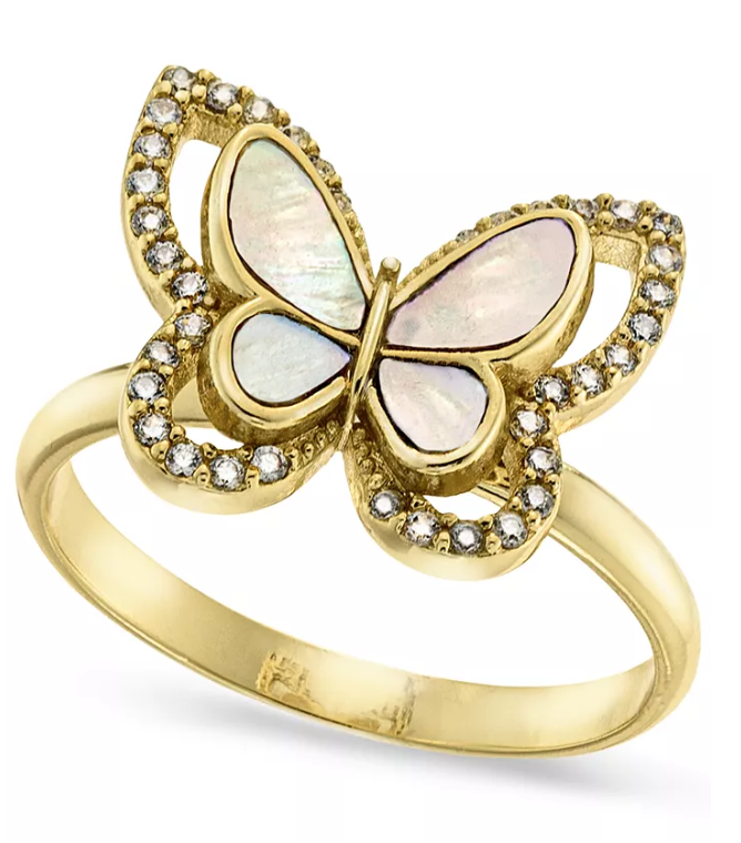 Charter Club Gold-Plate Pavé and Mother-of-Pearl Butterfly Ring, Size 5