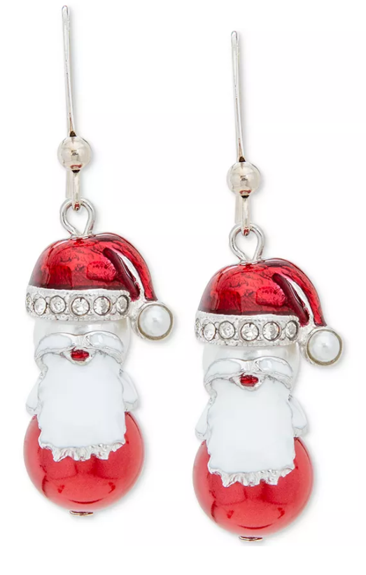 Holiday Lane Silver-Tone Pave and Imitation Pearl Santa Drop Earrings