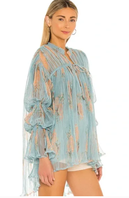 Free People Womens Tie Neck Bell Sleeve Tunic Blouse, Size Medium – Blue
