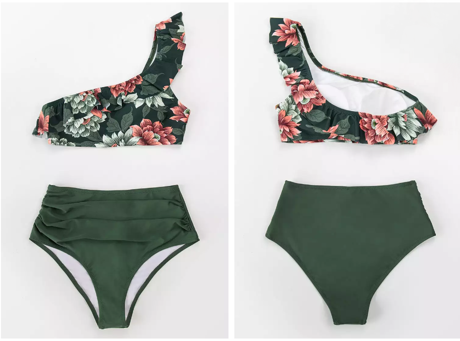 Cupshe Dark Green Floral One Shoulder Ruffle High Waisted Bikini, Size Small