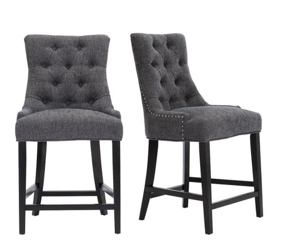 Bakerford Charcoal Gray Upholstered Bar Stool with Tufted Back (Set of 2)