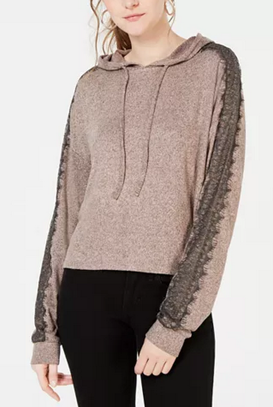 Ultra Flirt by Ikeddi Juniors Lace-Trimmed Marled Hoodie