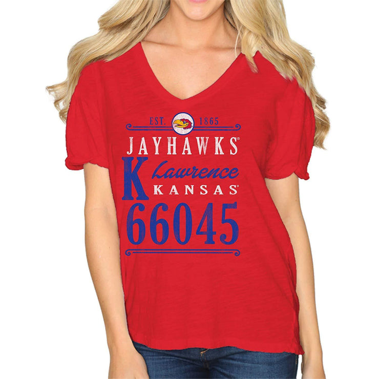 Original Retro Brand NCAA Kansas Jayhawks Womens Slub V Neck Tee, XL, Red