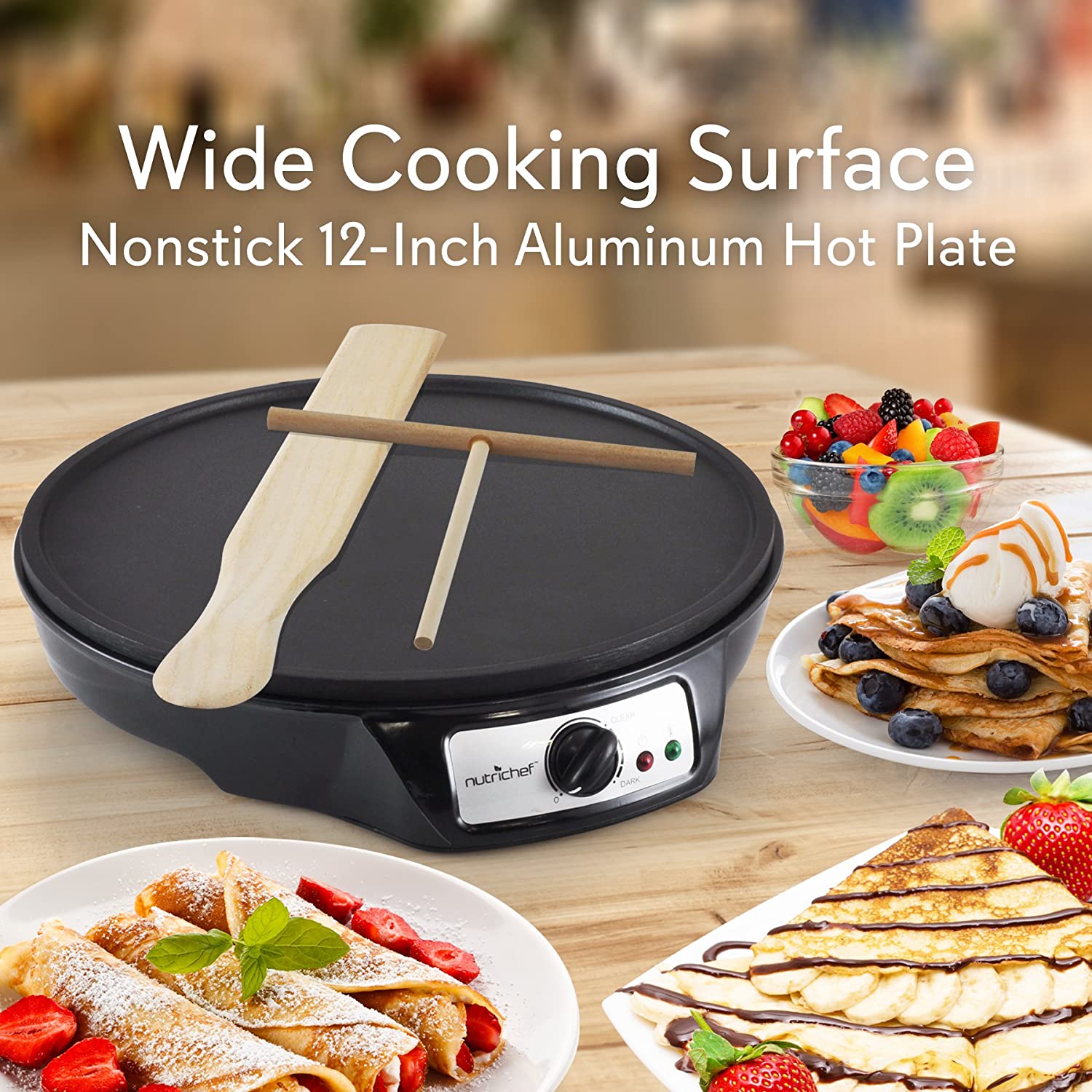 Nutrichef Nonstick 12-Inch Electric Crepe Maker - Aluminum Griddle