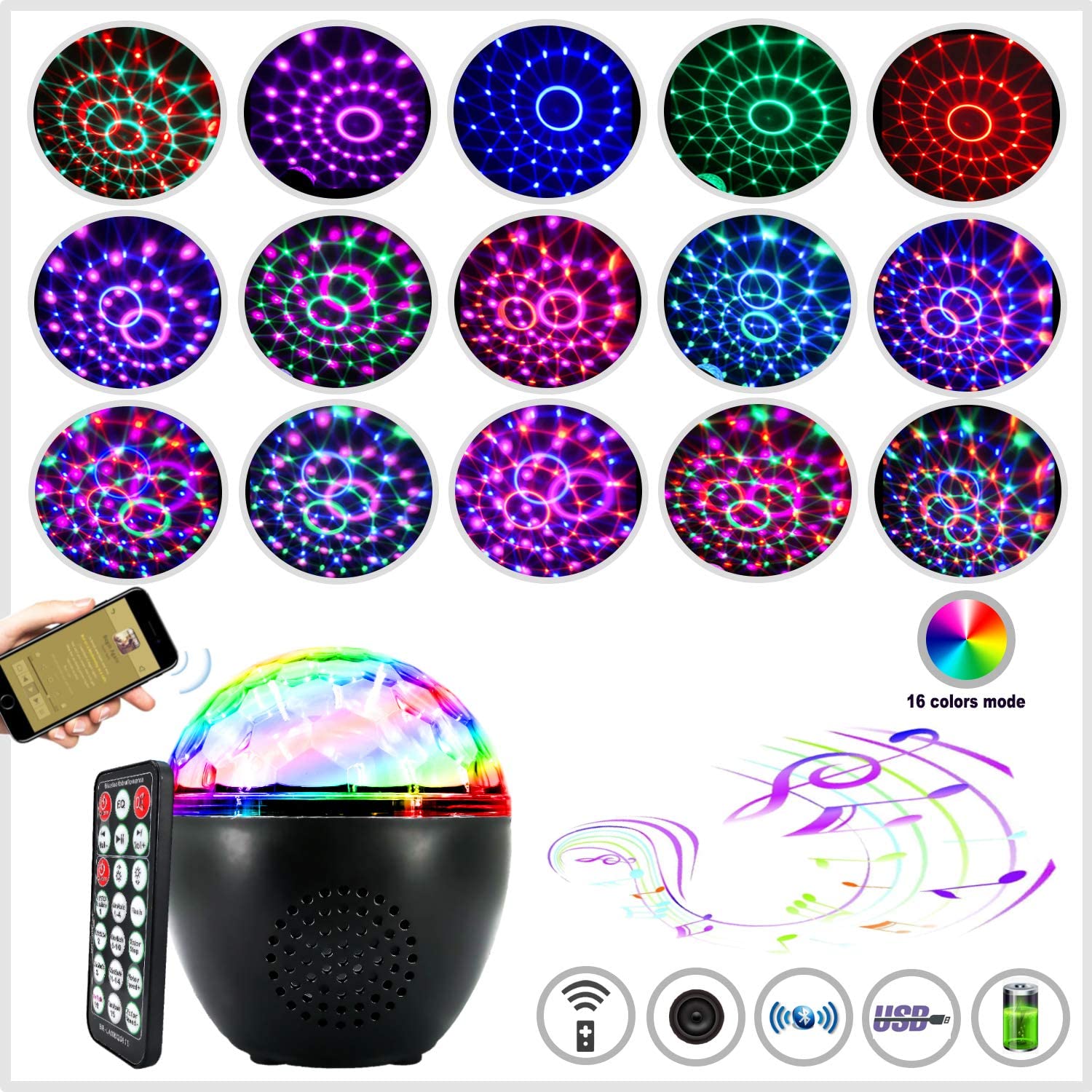 Inpher 3 in 1 Bluetooth Disco Ball Rechargeable 16 Light Modes Sound