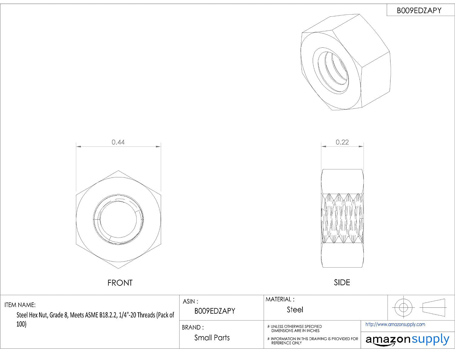 Steel Hex Nut, Plain Finish, Grade 8, ASME B18.2.2 (Pack of 100)