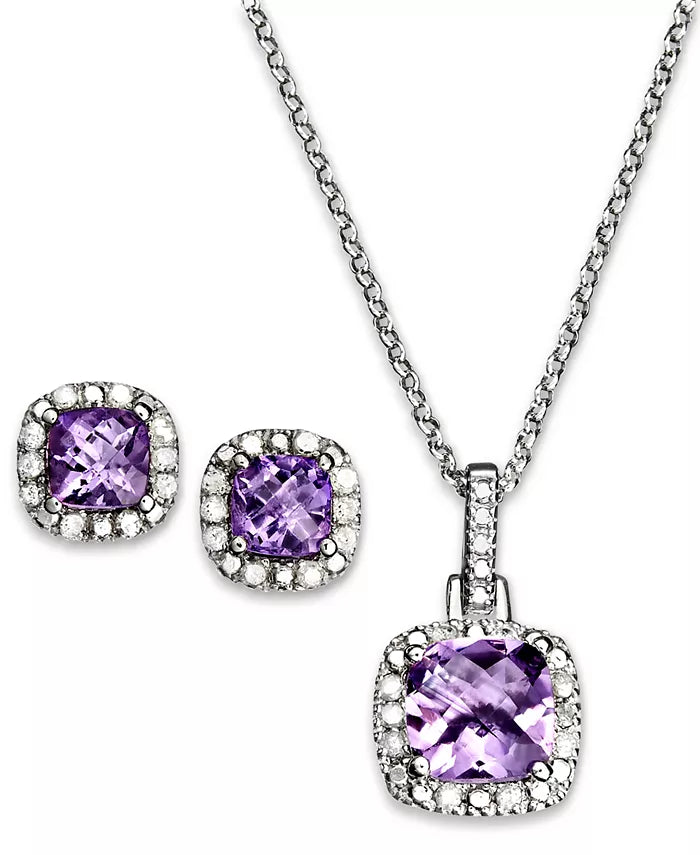 RH Macys Sapphire/Diamond Sterling Silver18In Pendant Necklace /Stud Earrings