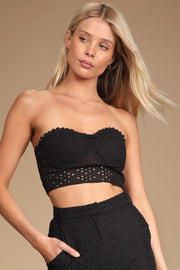 Lulus Total Sweetheart Black Eyelet Embroidered Bustier Crop Top, Size Large