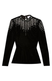 Topshop Womens Velvet Embellished Top, Black, Size 6 US