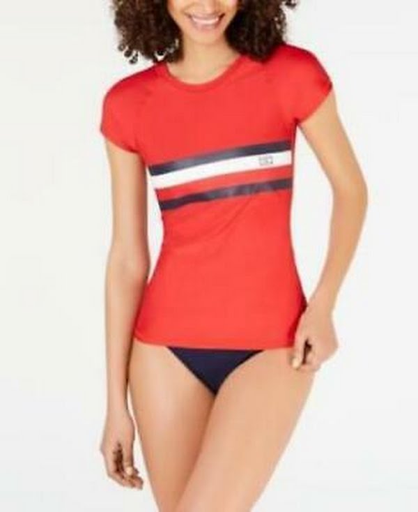 Tommy Hilfiger Womens Short-Sleeve Rashguard Swimsuit, Size Small