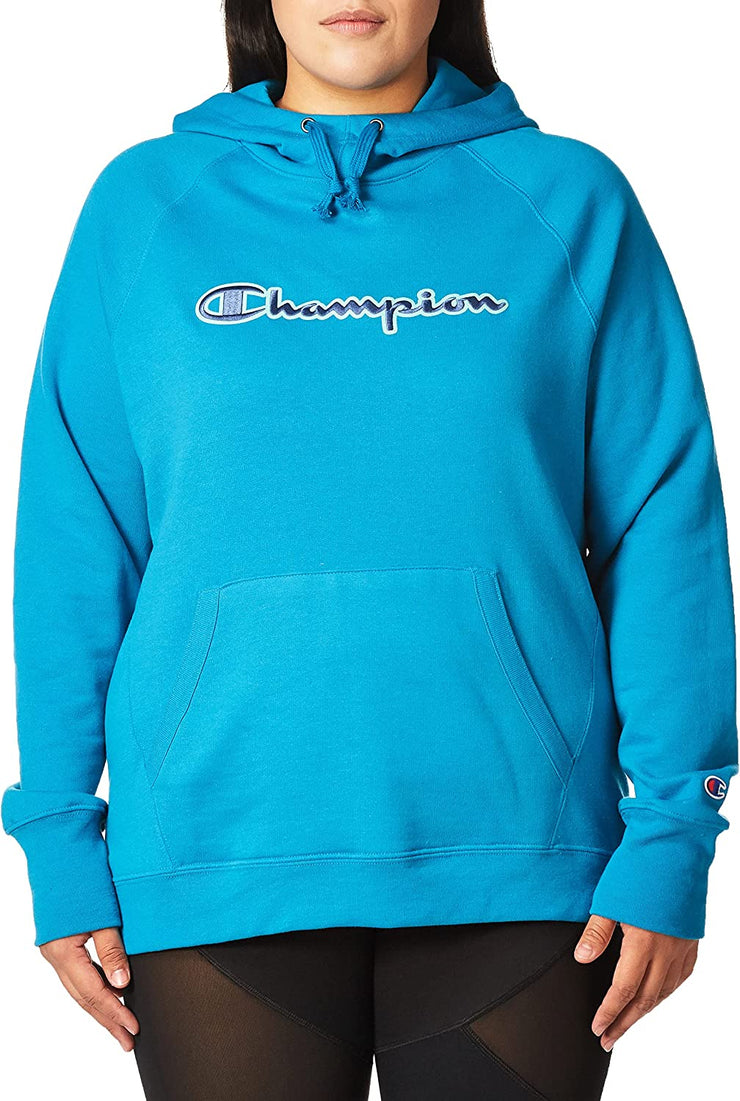 Champion Womens Plus Powerblend Hoodie Script Logo 2X Balboa Blue-y07466