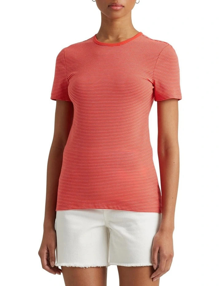 Lauren Ralph Lauren Striped Stretch Cotton Tee in Orange