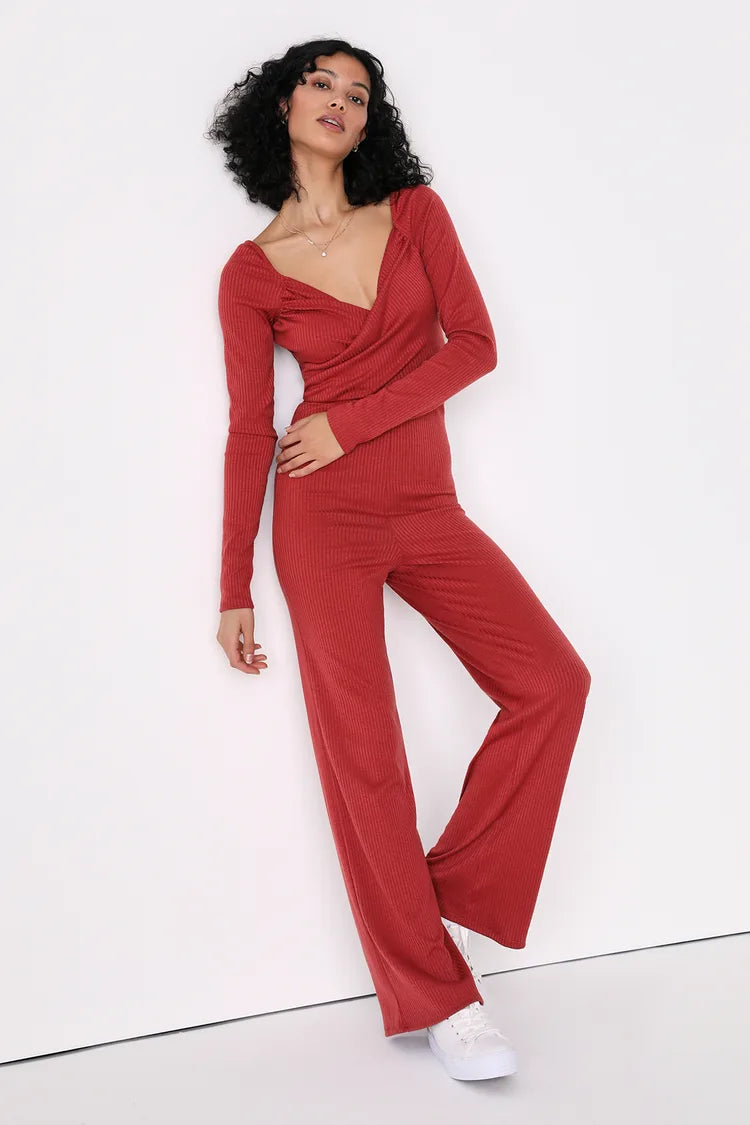 Lulus Sunday Snuggles Rusty Rose Ribbed Long Sleeve Lounge Jumpsuit, Size