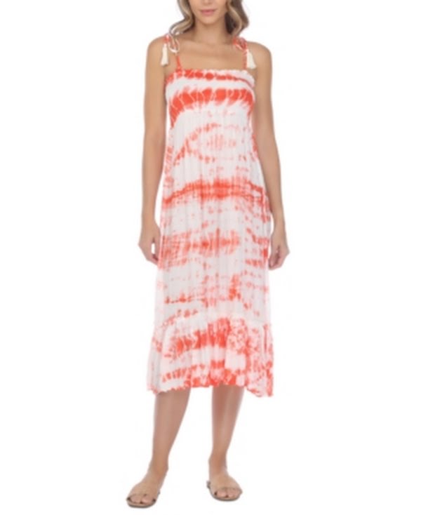 Raviya Womens Coral Tie Dye Stretch Tie Ruffled Midi Dress Smocked Adjustable