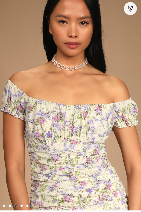 Lulus Love Bloom Cream Floral Print Ruched Off-the-Shoulder Mini Dress, Sz Large