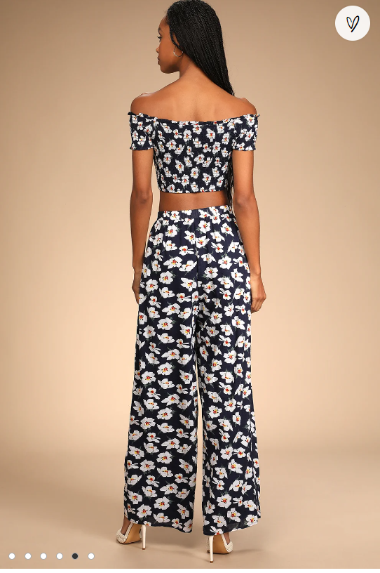 Lulus Flirty Flowers Navy Floral Print Smocked Two-Piece Jumpsuit, Size Large