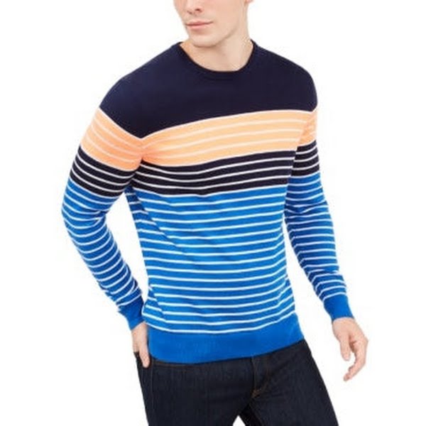 Club Room Mens Striped Ribbed Trim Crewneck Sweater