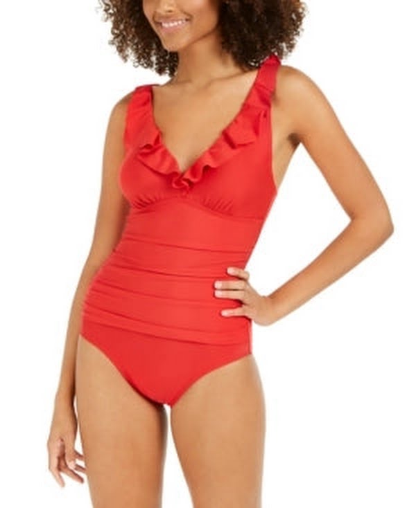 DKNY Womens Ruffle Plunge Underwire Tummy Control One-Piece Swimsuit