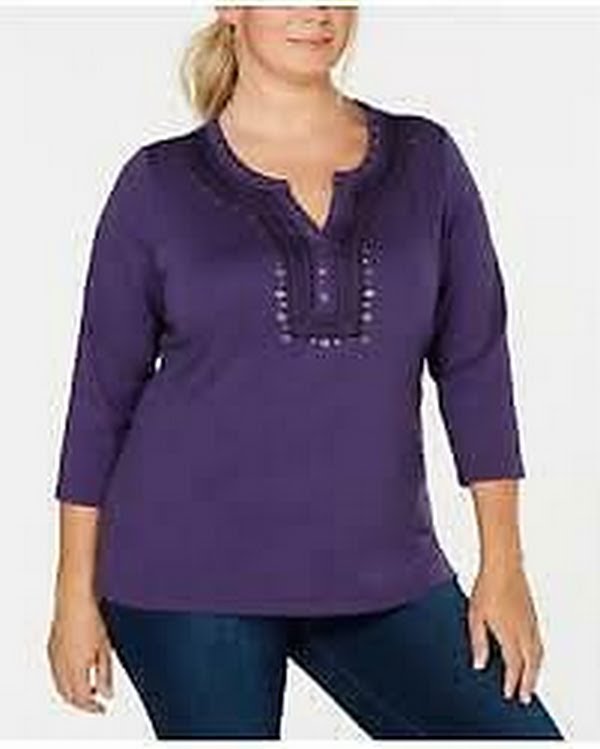 Karen Scott Plus Size Embellished Split-Neck Top, Size 0X