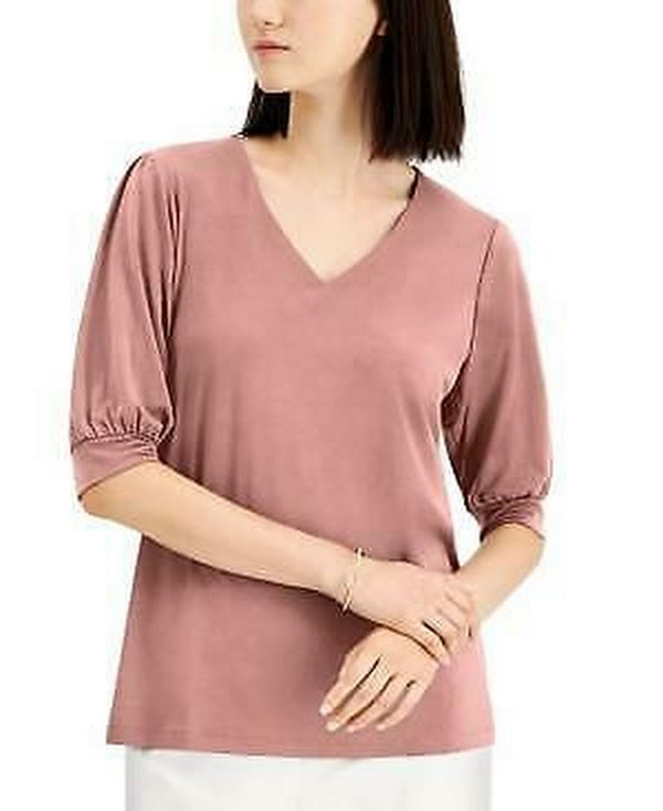 Jm Collection Puff-Sleeve V-Neck Top-Pink Sunstone/Size Small
