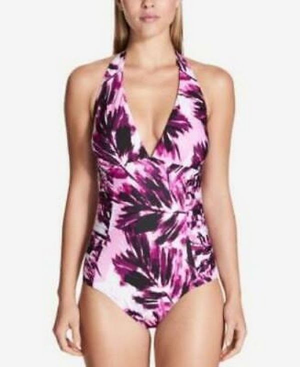 Calvin Klein Printed Side-Pleated Halter One-Piece Swimsuit