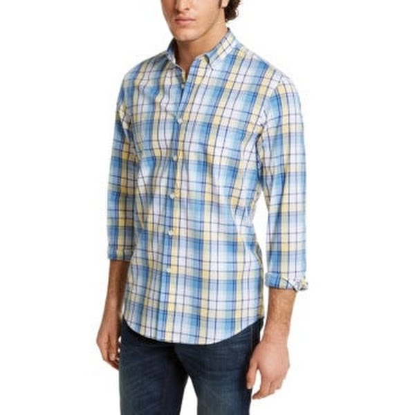 Club Room Mens Herringbone Plaid Pocket Shirt