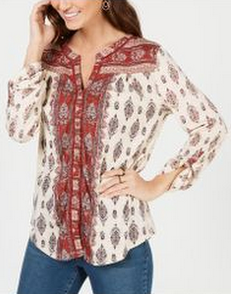 Style & Co Printed Button-Neck Top, White, Size Medium