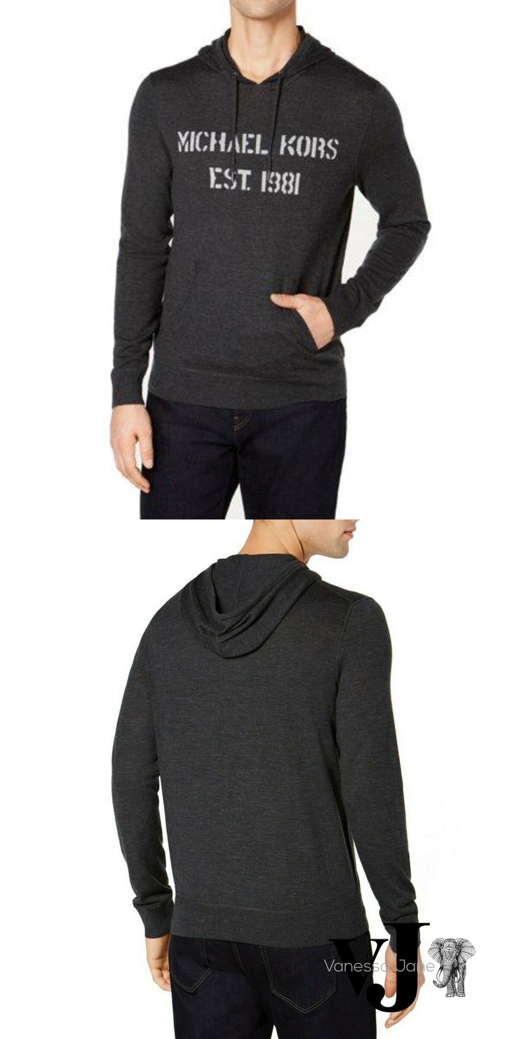 Michael Kors Mens Merino Wool  Sweater Charcoal Pullover Hooded