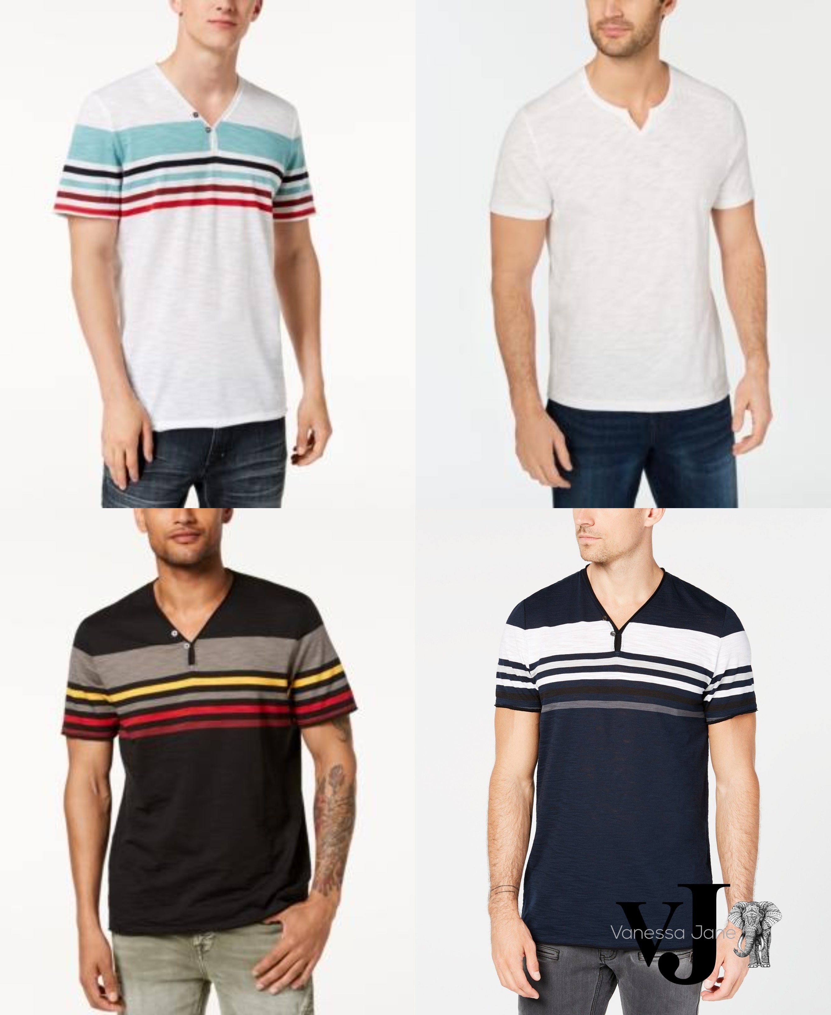 I.n.c. Mens Striped Split-Neck T-Shirt