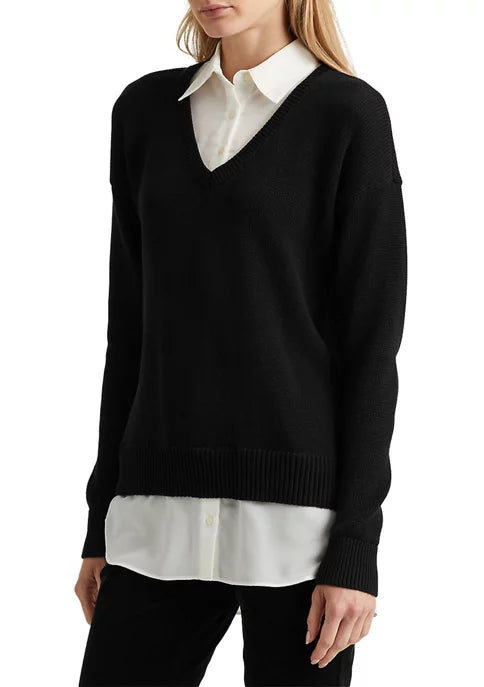 Lauren Ralph Lauren Layered Cotton V-Neck Sweater, Size Xs