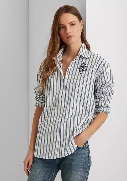 Lauren Ralph Lauren Striped Logo Cotton Broadcloth Shirt, White/Blue, Xxs