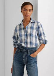 Lauren Ralph Lauren Plaid Roll-Tab-Sleeve Linen Shirt, Size XL