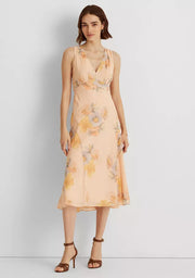 Ralph Lauren Crinkled Georgette V-Neck Empire Waist Midi Dress, Size 16