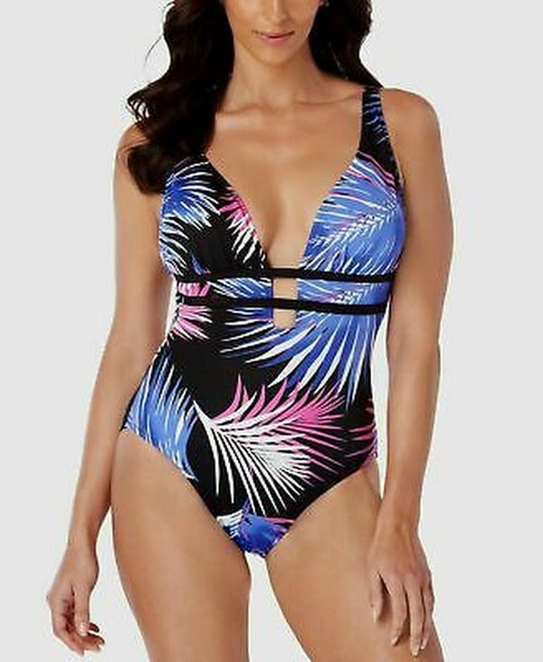 Swim Solutions Printed Plunging One-Piece Swimsuit, Size 8