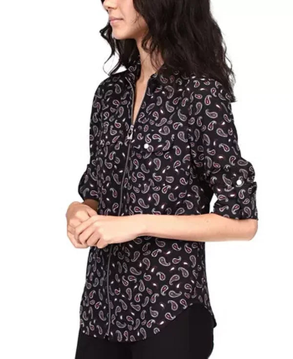 Michael Michael Kors Paisley-Print Zip-Front Shirt, Petite Medium