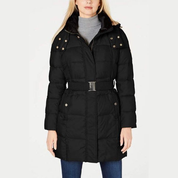 Calvin Klein Faux-Fur-Lined-Collar Hooded Belted Puffer Coat, Size XS