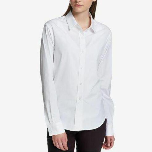 DKNY Women White Cotton High-Low Long-Sleeve Button-Up Shirt Top Size Small.