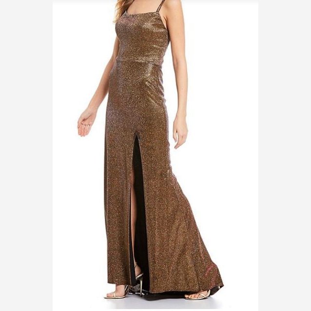 Blondie Nites Juniors Metallic Strappy-Back Gown, Size 9