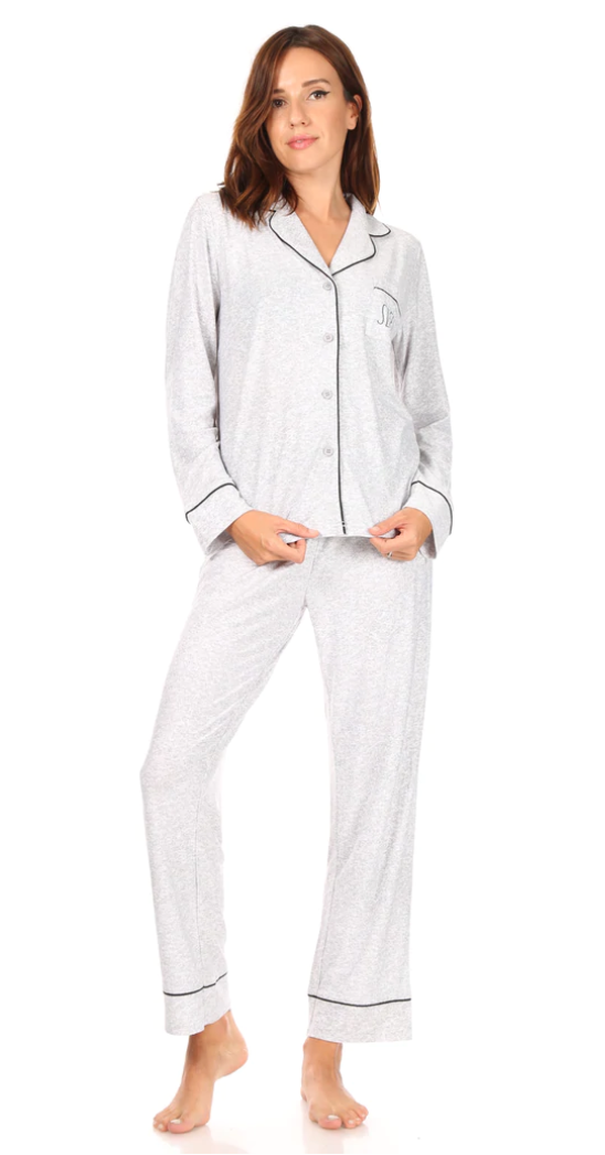Rae Dunn Sleep Notch Collar Button Down Gray Pajama Top, Size M