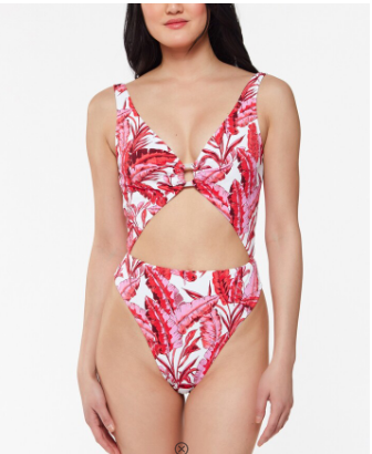 Jessica Simpson Printed Paradiso Palm O-Ring Cut-Out One-Piece Swimsuit