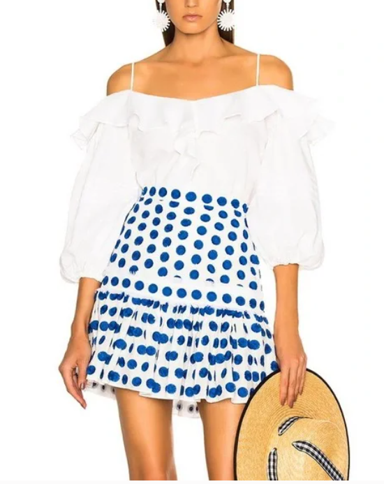 Alexis Womens Harley White Applique Polka Dot Fringe Mini Skirt, Size Small