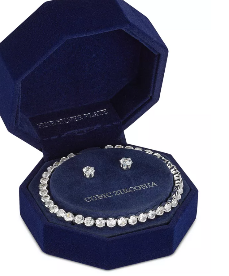 RH Macy Silver Plated Cubic Zirconia Tennis Bracelet and Stud Earring Set