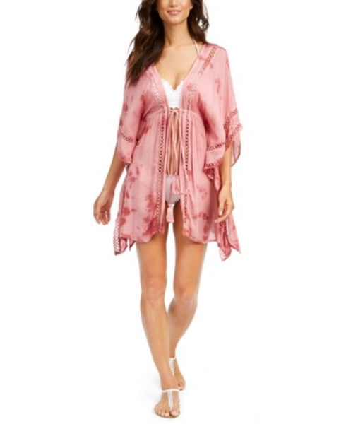 Raviya Drawstring-Tie Kimono Deep V Neck Crochet Swimsuit Cover Up, Size Small