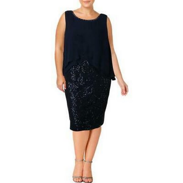 SLNY Womens Navy Embellished  Sheer Overlay Sheath Formal Dress Plus Size: 16W