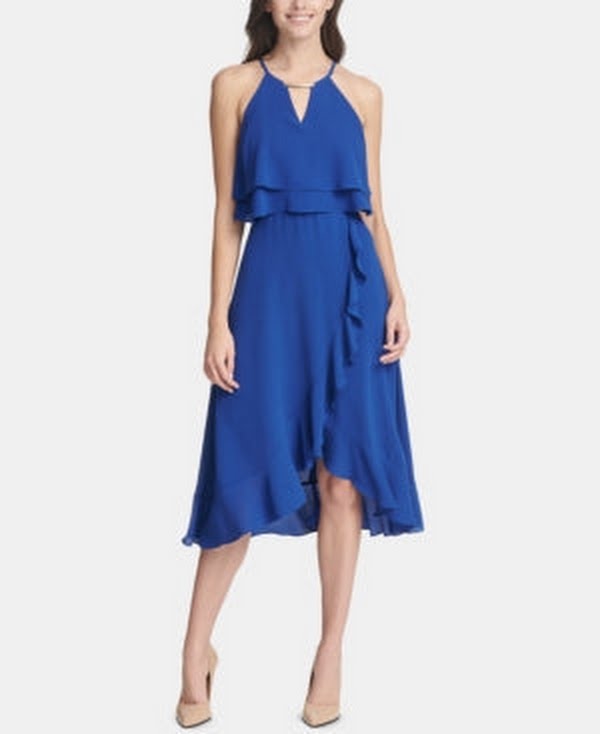 Kensie Women's Sheath Popover Ruffled Draped Cutout, Blue, Size 0 Vanessa Jane Kensie Women's Sheath Popover Ruffled Draped Cutout, Blue, Size 0 Vanessa Jane