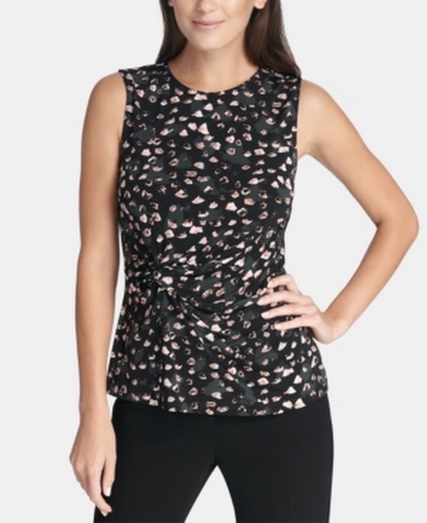 DKNY Womens Black Printed Sleeveless Jewel Neck Top, Size XL